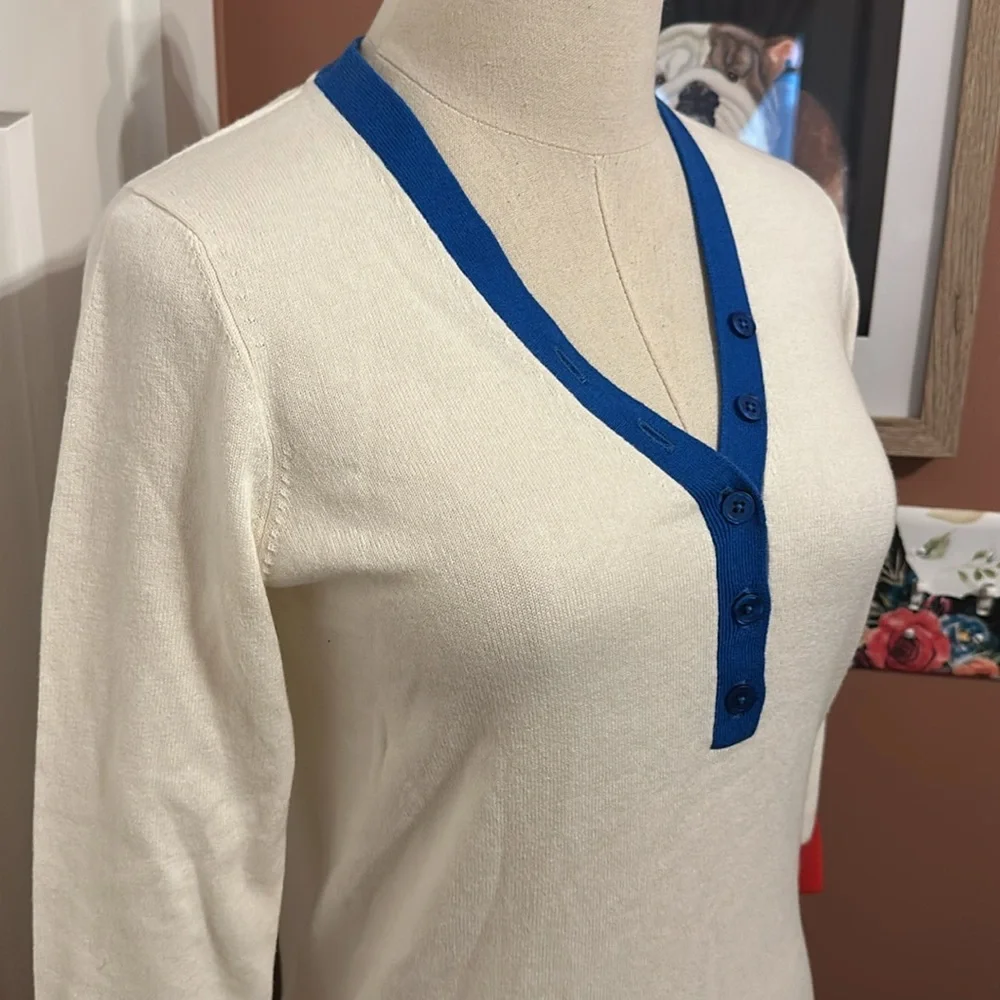 Boden winter white red blue 3/4 sleeves cotton wool fitted deep vneck 2 sweater - Picture 5 of 15